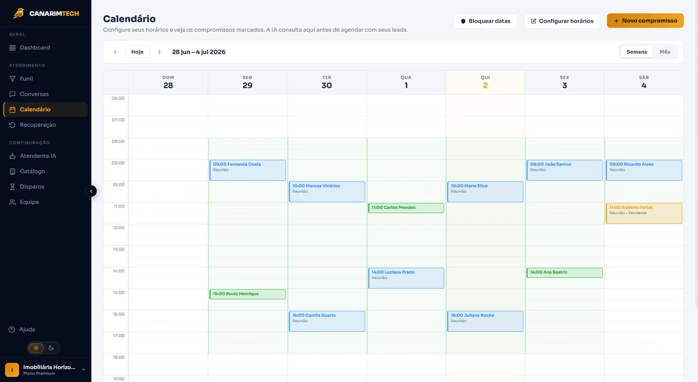 Calendário da CanarimTech com a semana da imobiliária cheia de visitas e reuniões agendadas pela IA